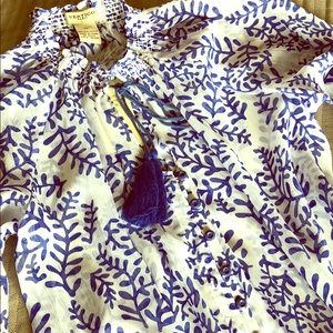 Coral print breezy blouse with tassel neck tie